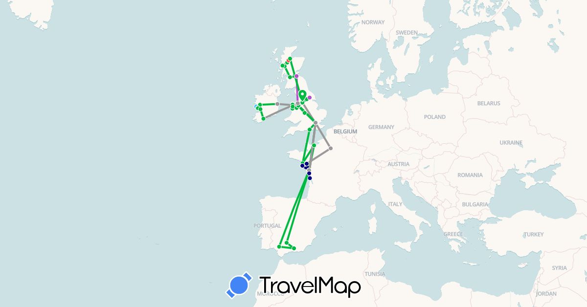 TravelMap itinerary: driving, bus, plane, train, hiking, boat in Spain, France, United Kingdom, Ireland (Europe)